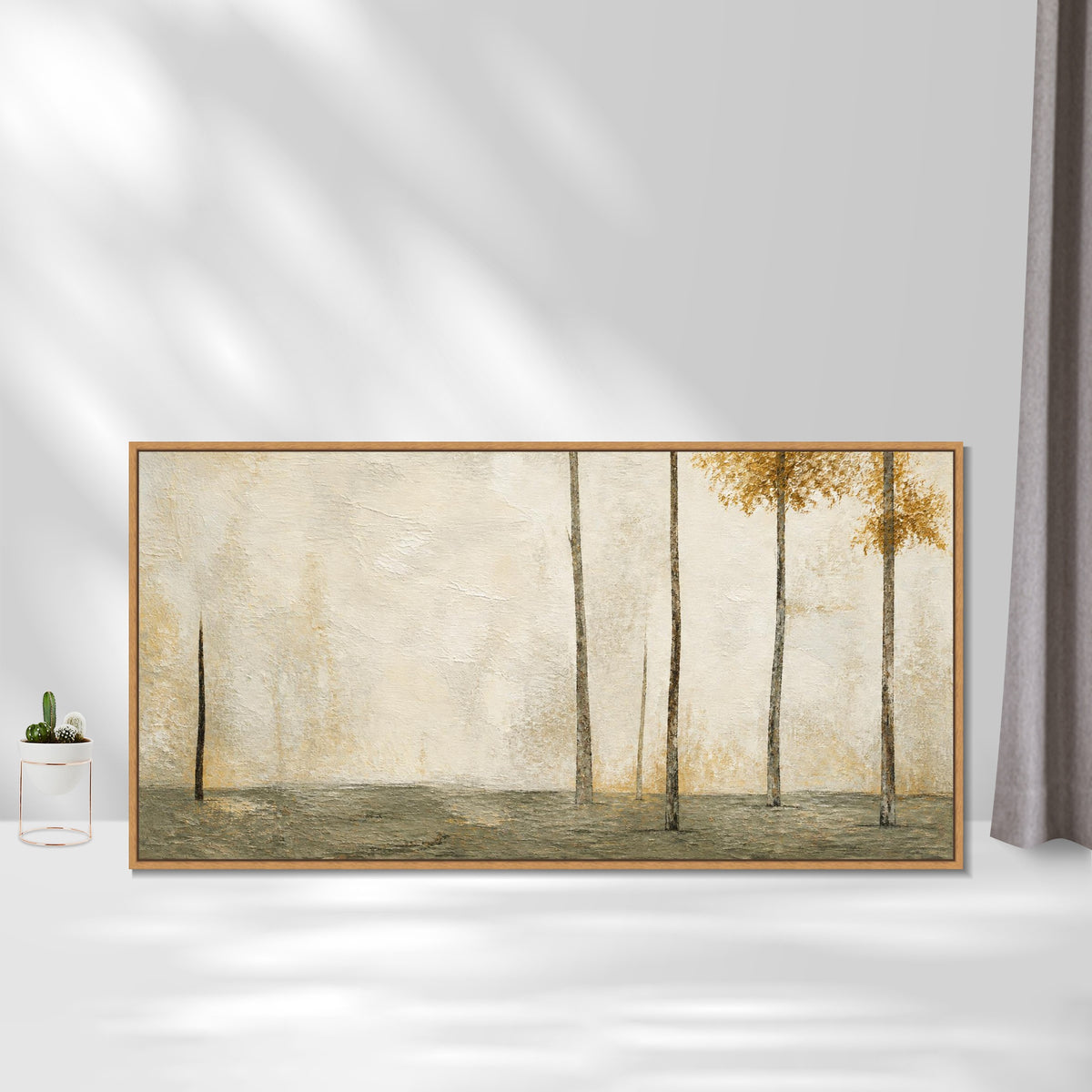INVIN ART Framed Canvas 100% Handpainted Oil Painting Sparse Trees in Pale Gold Wall Art