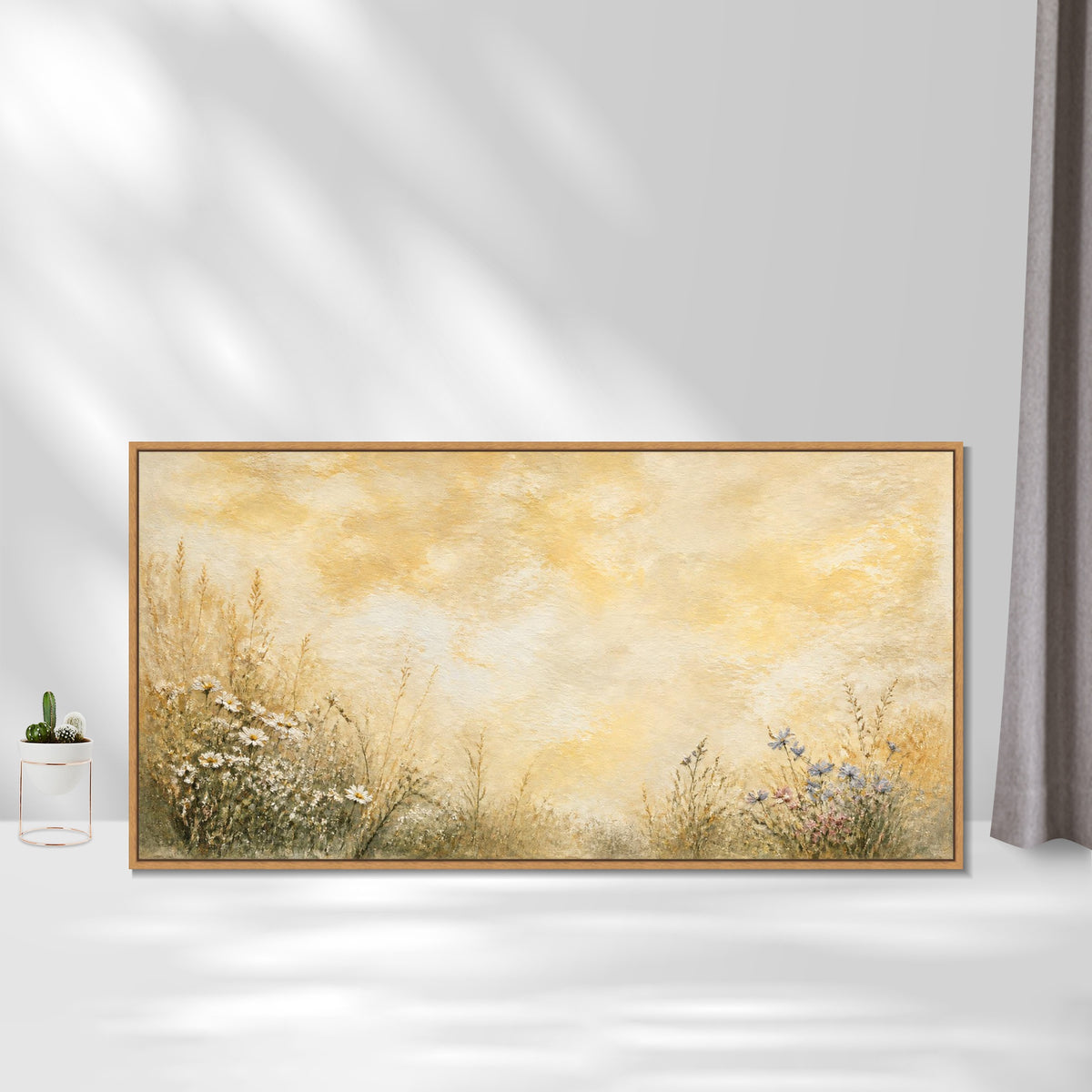 INVIN ART Framed Canvas 100% Handpainted Oil Painting Flowers Beneath Golden Clouds Wall Art