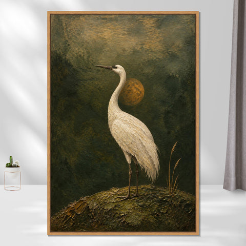 INVIN ART Framed Canvas 100% Handpainted Oil Painting Crane at Dusk Minimal Bird Landscape Wall Art