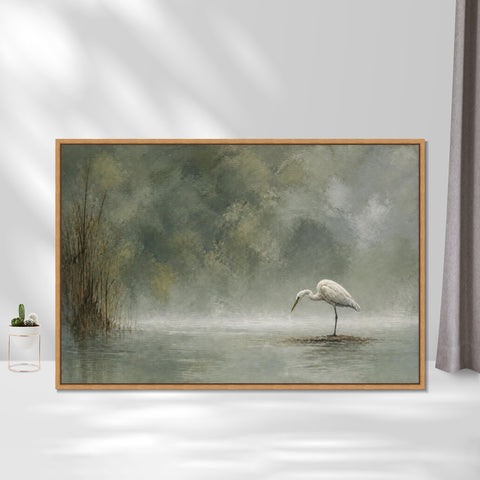 INVIN ART Framed Canvas 100% Handpainted Oil Painting Heron in Mist Minimal Bird Landscape Wall Art