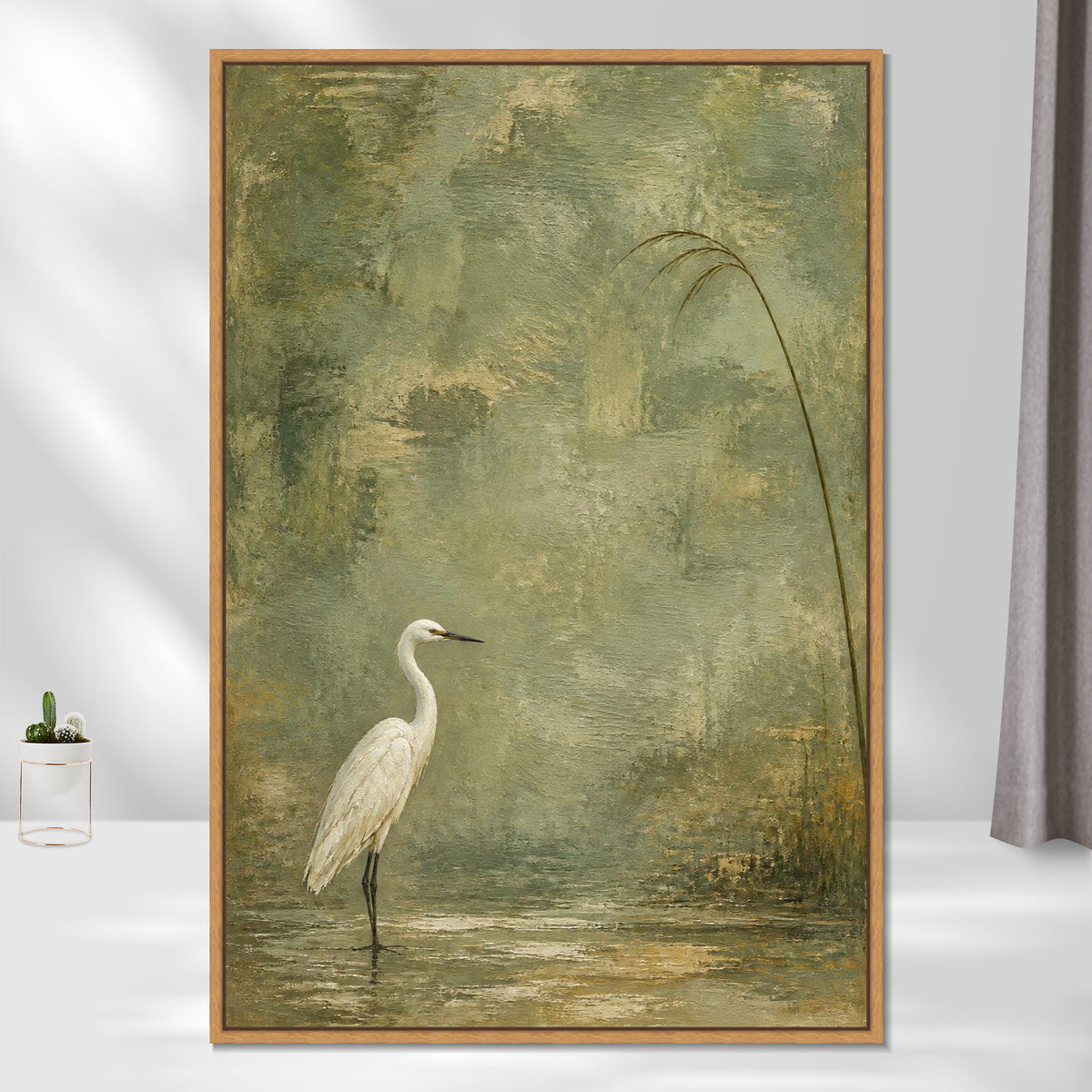 INVIN ART Framed Canvas 100% Handpainted Oil Painting White Heron Beneath a Reed Wall Art