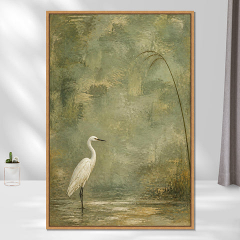 INVIN ART Framed Canvas 100% Handpainted Oil Painting White Heron Beneath a Reed Wall Art
