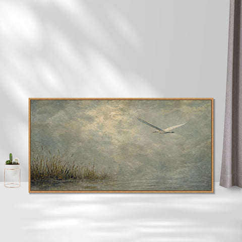 INVIN ART Framed Canvas 100% Handpainted Oil Painting Bird Above the Reed Shore Wall Art