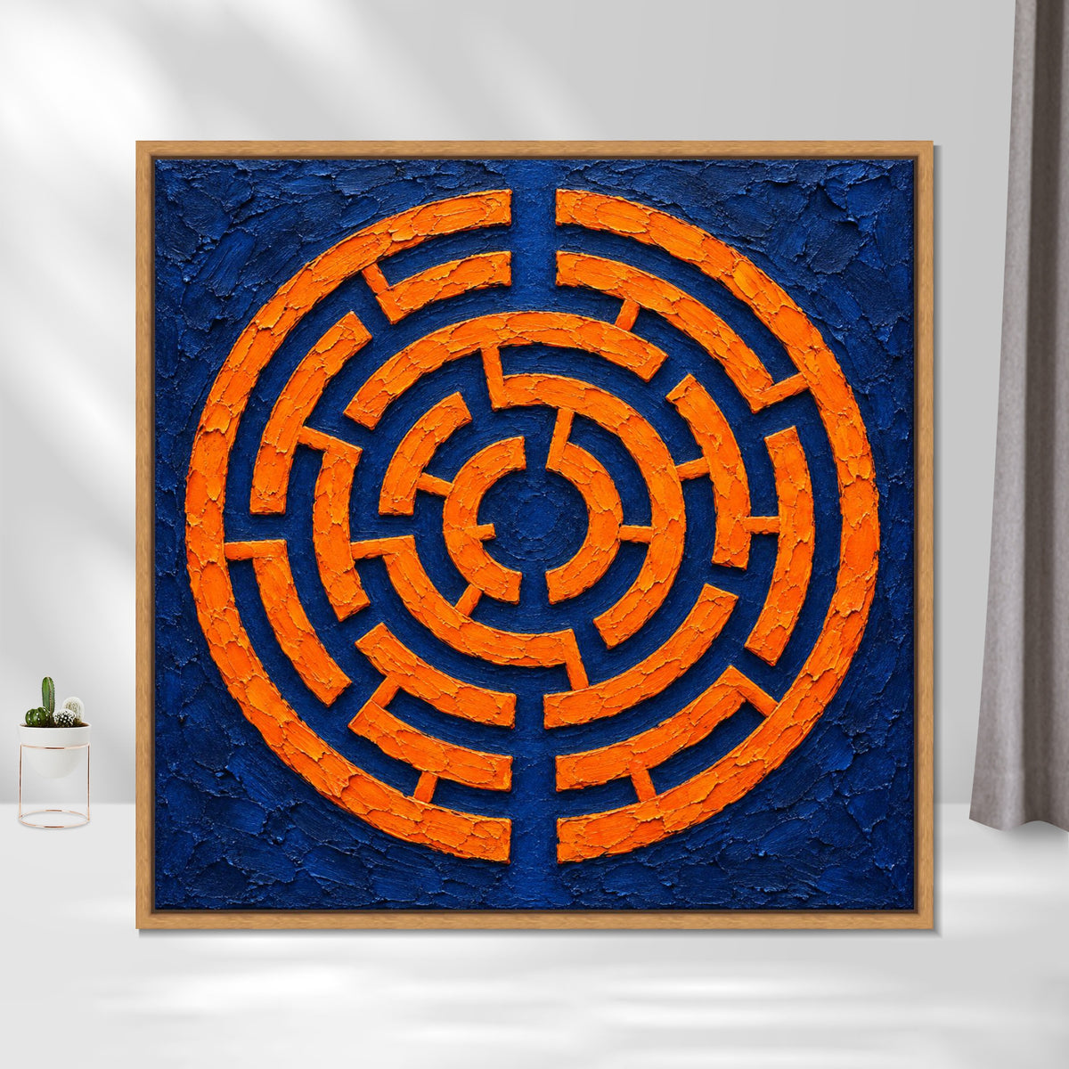INVIN ART Framed Canvas 100% Handpainted Oil Painting Orange Maze on Indigo Wall Art