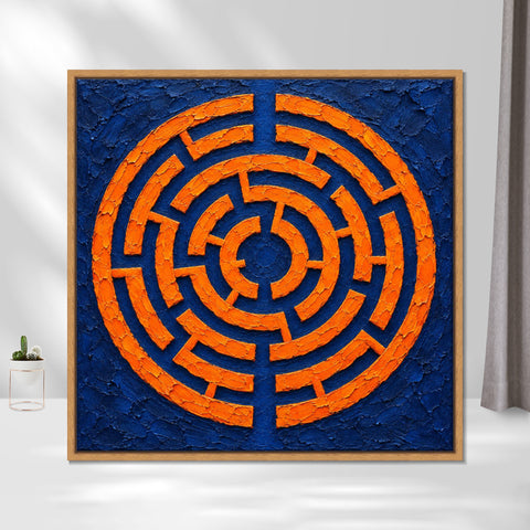 INVIN ART Framed Canvas 100% Handpainted Oil Painting Orange Maze on Indigo Wall Art