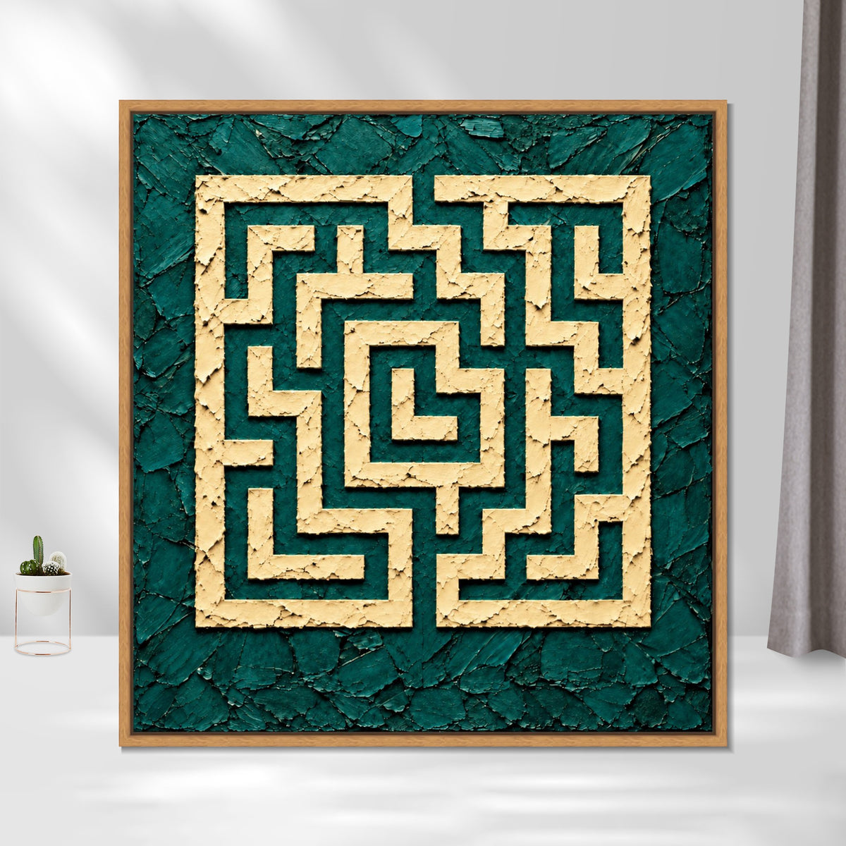 INVIN ART Framed Canvas 100% Handpainted Oil Painting Ivory Maze on Teal Wall Art