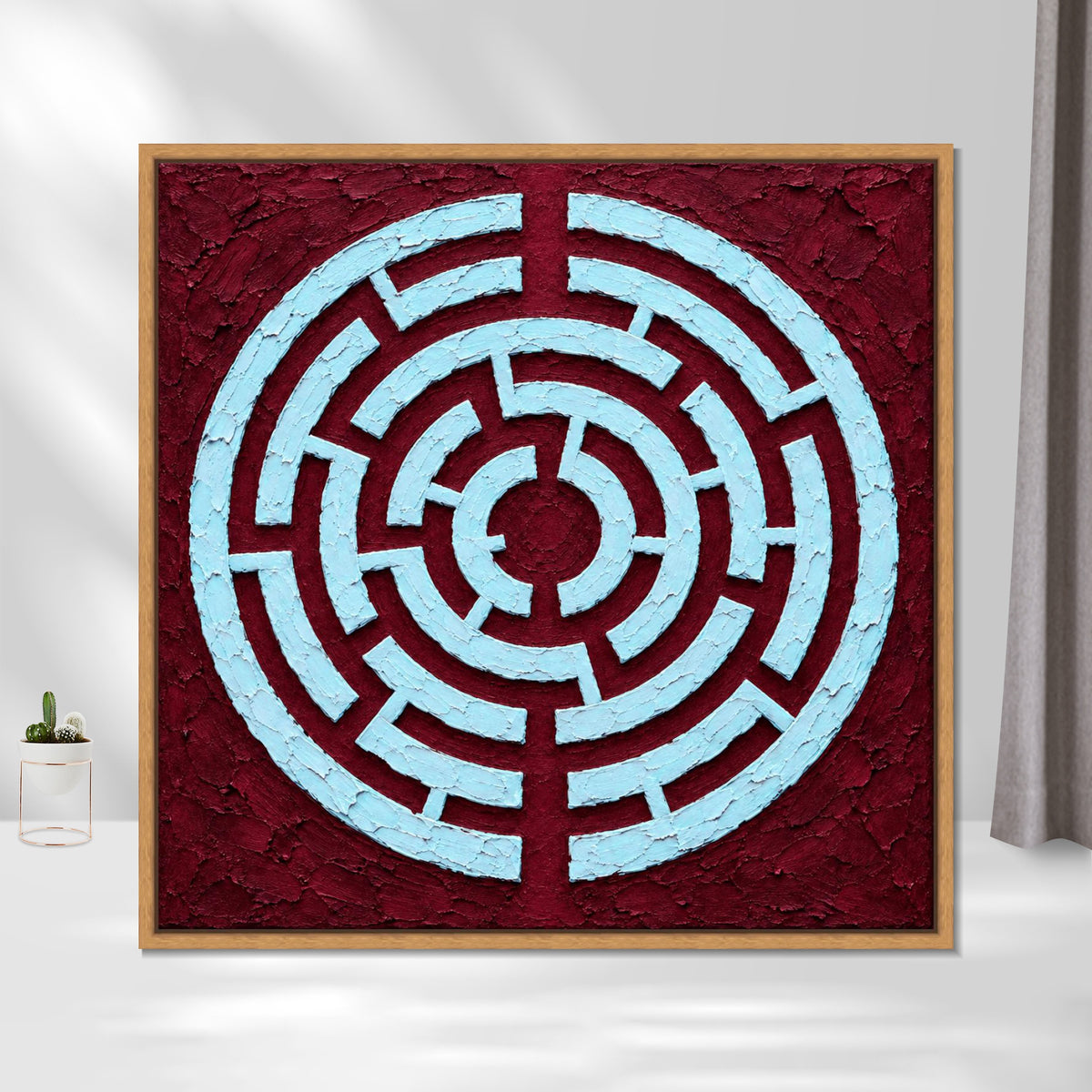 INVIN ART Framed Canvas 100% Handpainted Oil Painting Ice Blue Maze on Burgundy Wall Art