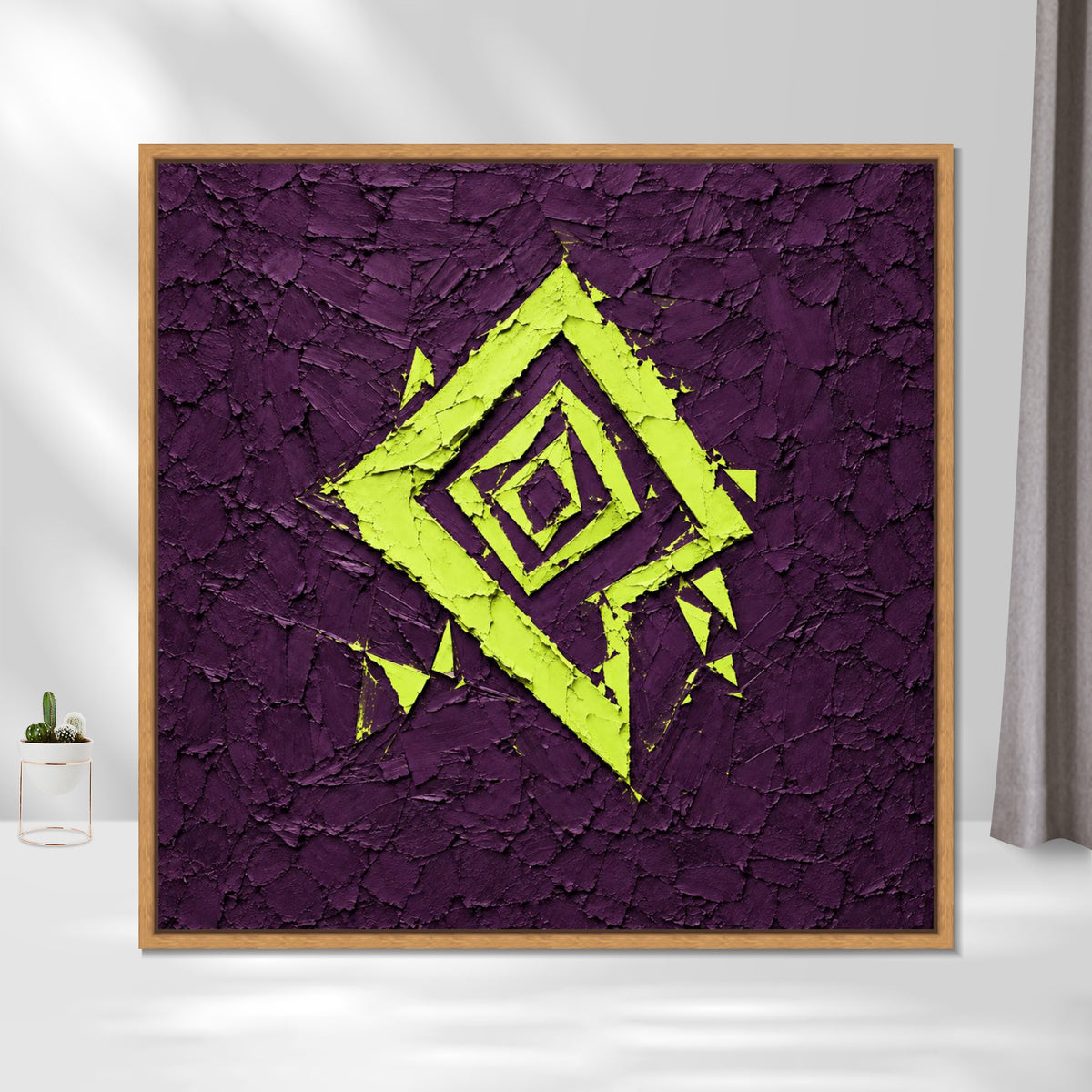 INVIN ART Framed Canvas 100% Handpainted Oil Painting Lime Diamond on Purple Wall Art