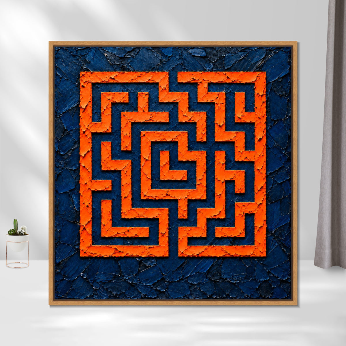 INVIN ART Framed Canvas 100% Handpainted Oil Painting Orange Square Maze Wall Art