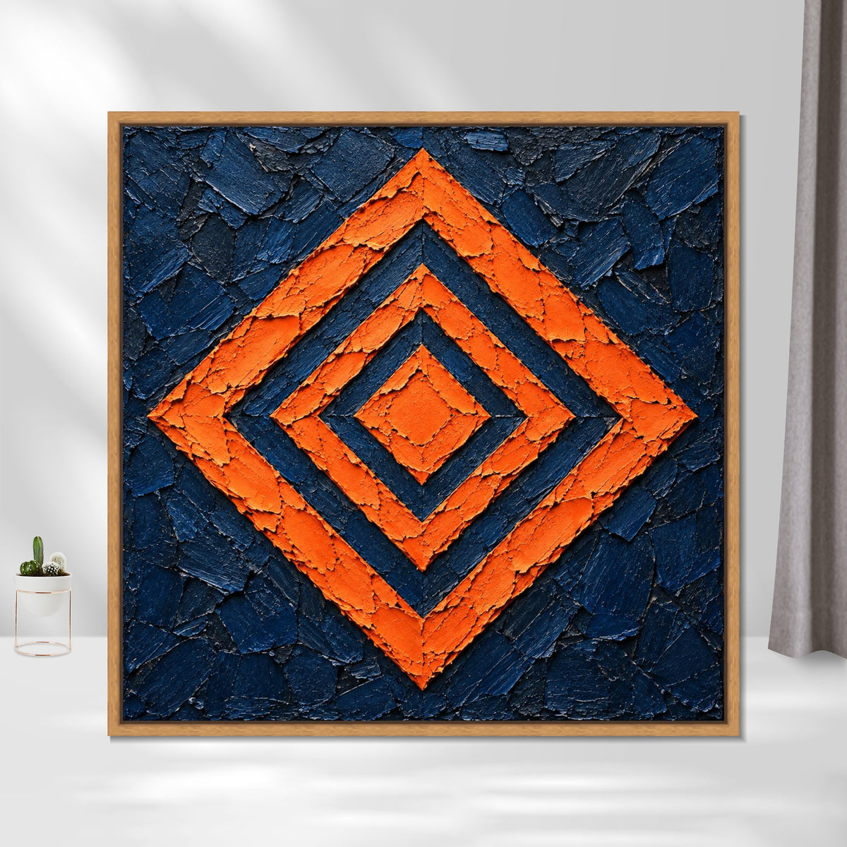 INVIN ART Framed Canvas 100% Handpainted Oil Painting Orange Concentric Diamonds Wall Art