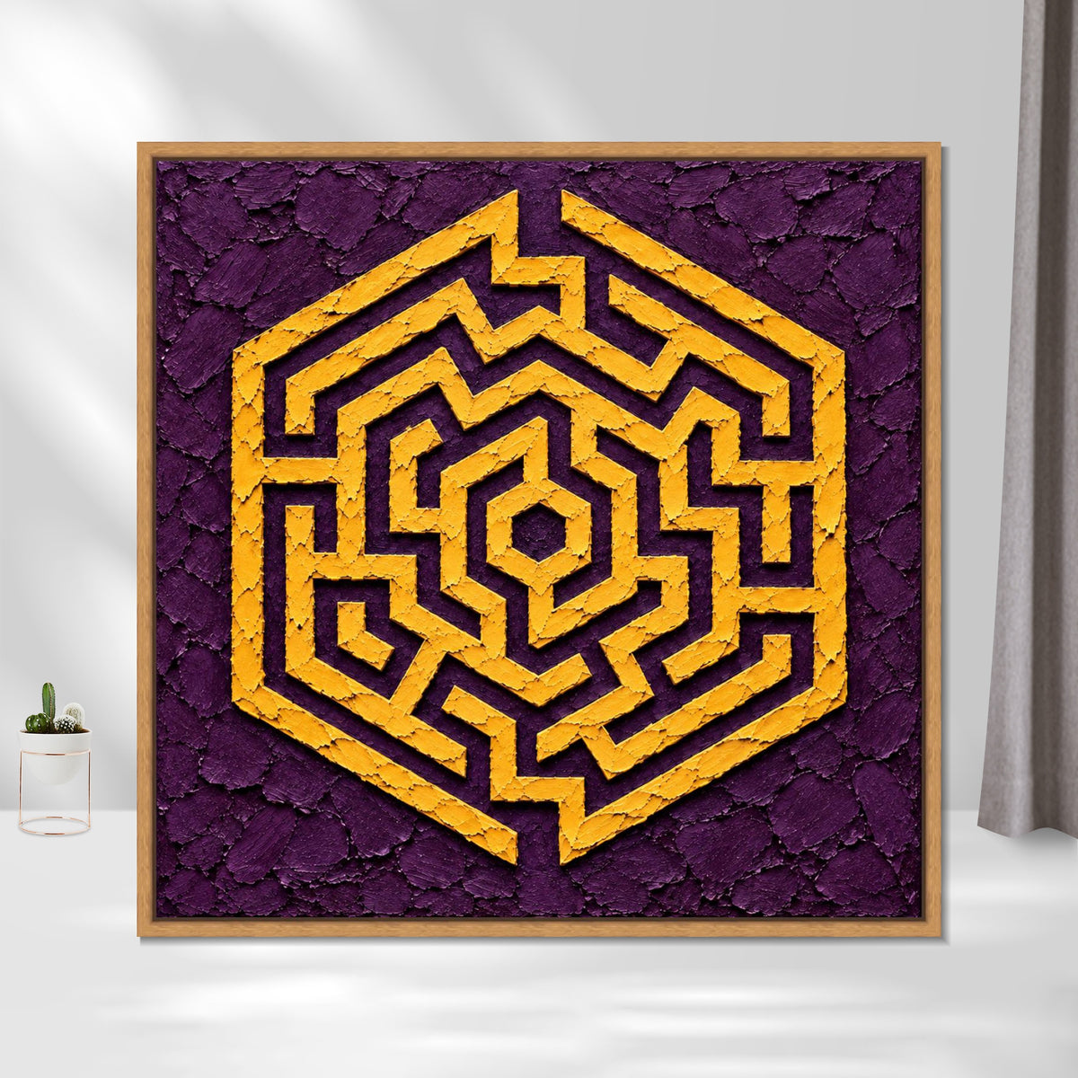 INVIN ART Framed Canvas 100% Handpainted Oil Painting Golden Hexagon Maze Wall Art