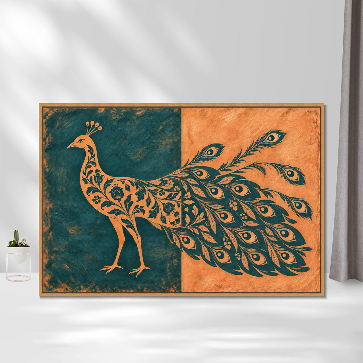 INVIN ART Framed Canvas 100% Handpainted Oil Painting Teal and Peach Peacock Wall Art