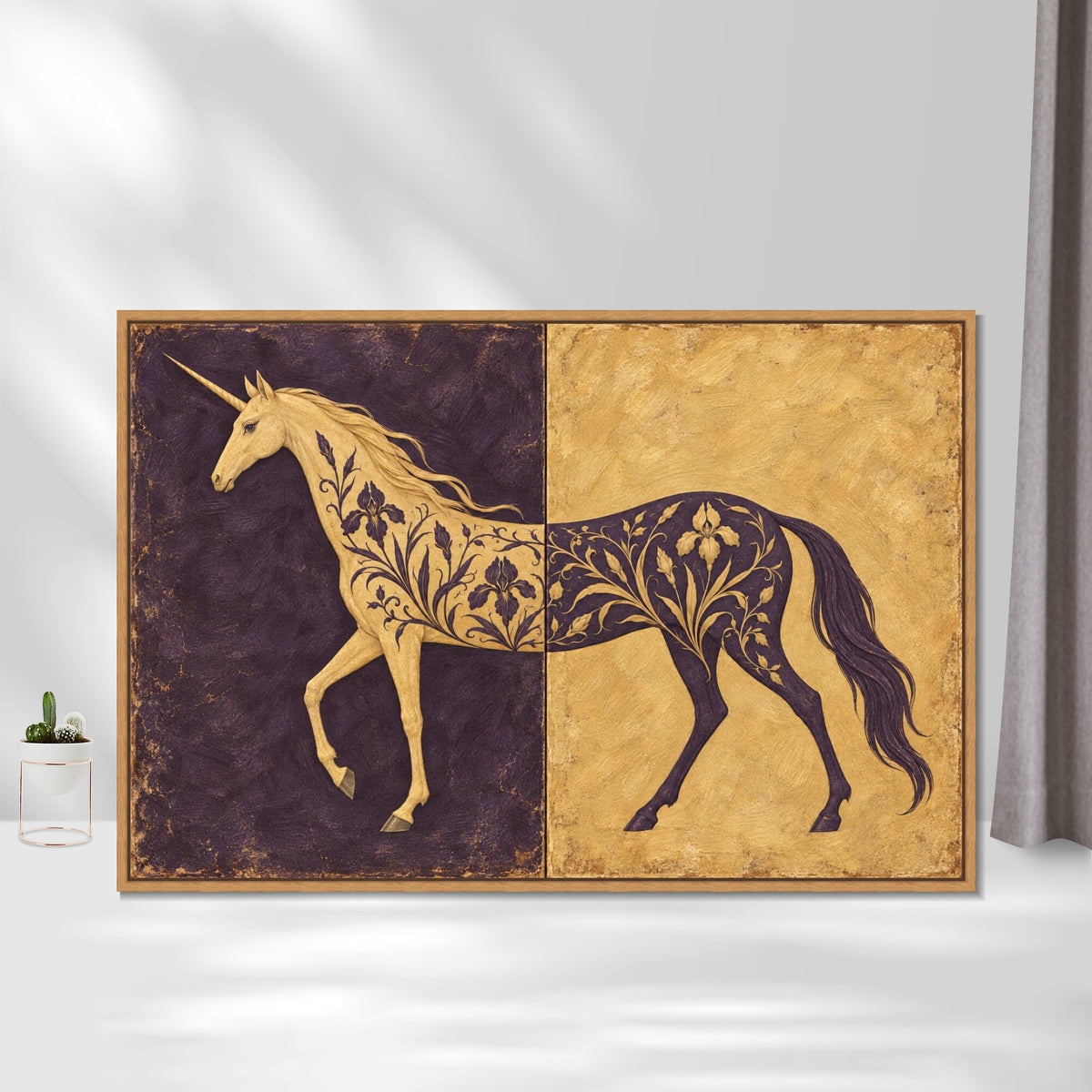INVIN ART Framed Canvas 100% Handpainted Oil Painting Unicorn in Plum and Gold Wall Art
