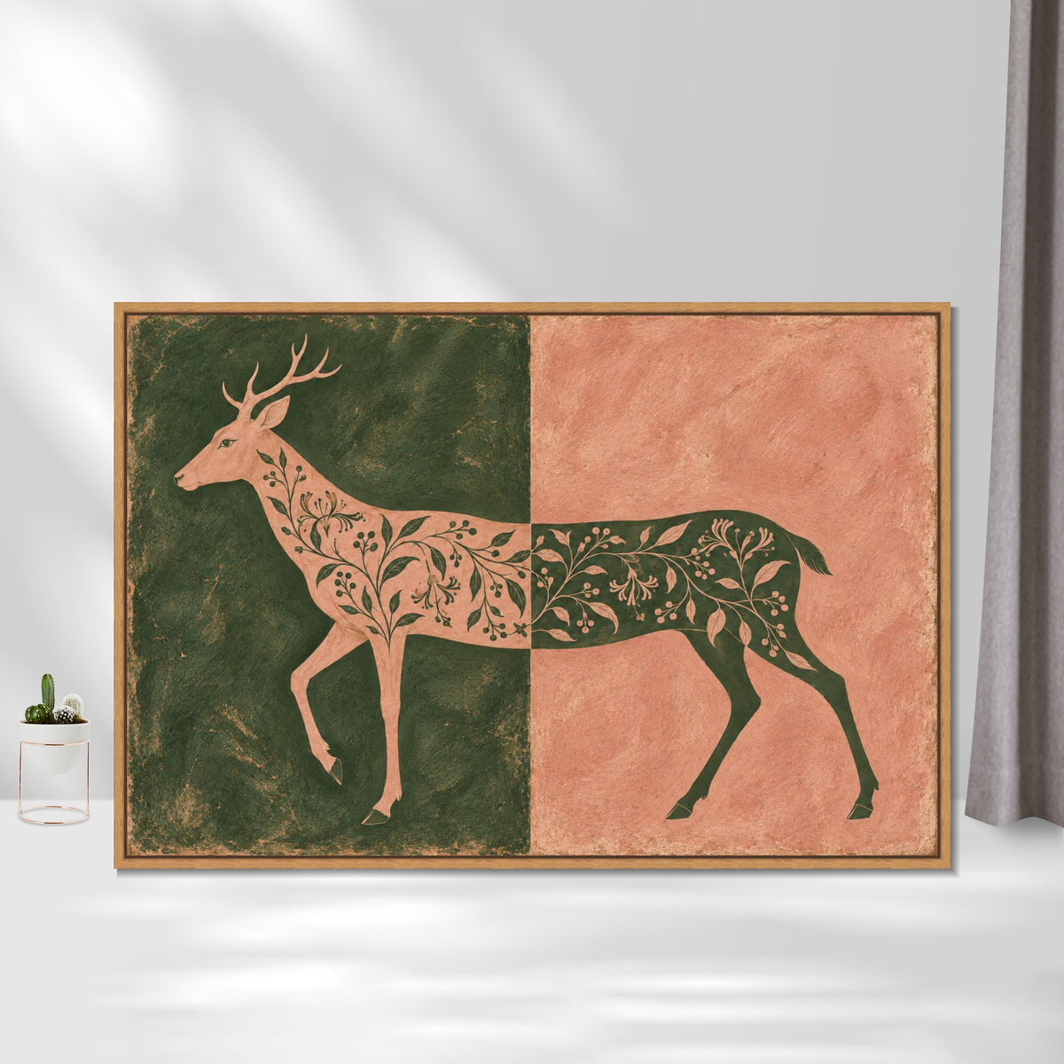INVIN ART Framed Canvas 100% Handpainted Oil Painting Deer in Moss and Coral Wall Art