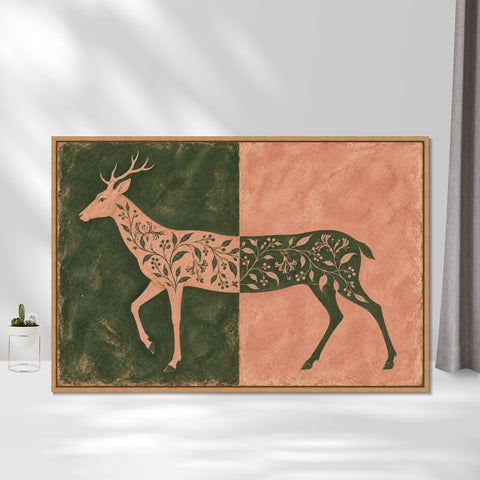 INVIN ART Framed Canvas 100% Handpainted Oil Painting Deer in Moss and Coral Wall Art