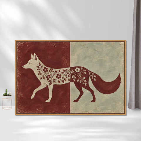 INVIN ART Framed Canvas 100% Handpainted Oil Painting Fox in Burgundy and Celadon Wall Art