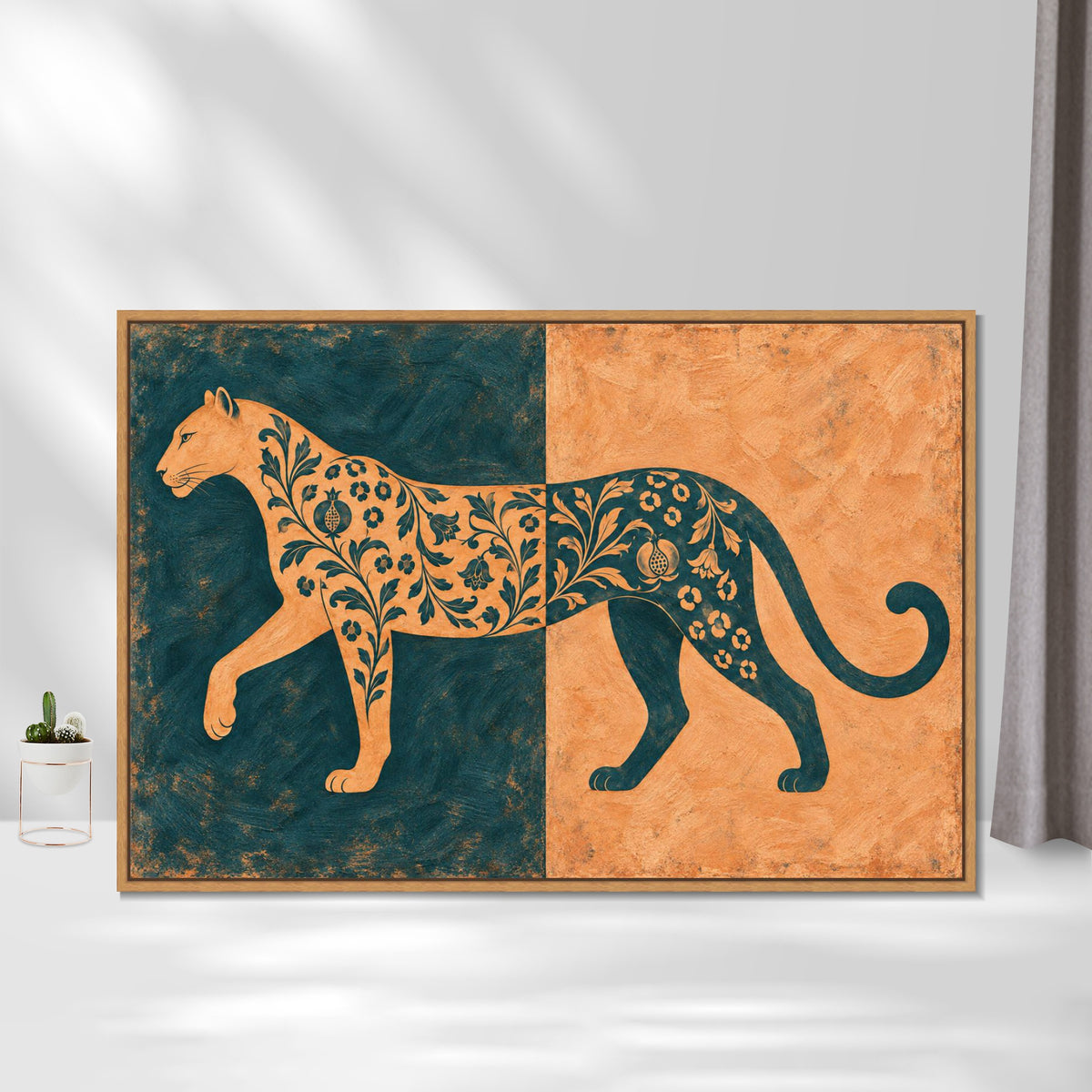 INVIN ART Framed Canvas 100% Handpainted Oil Painting Leopard in Teal and Peach Wall Art