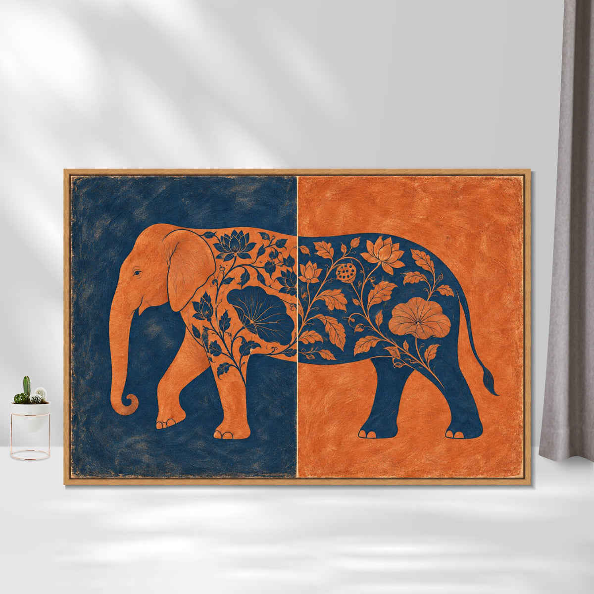 INVIN ART Framed Canvas 100% Handpainted Oil Painting Elephant in Indigo and Coral Wall Art