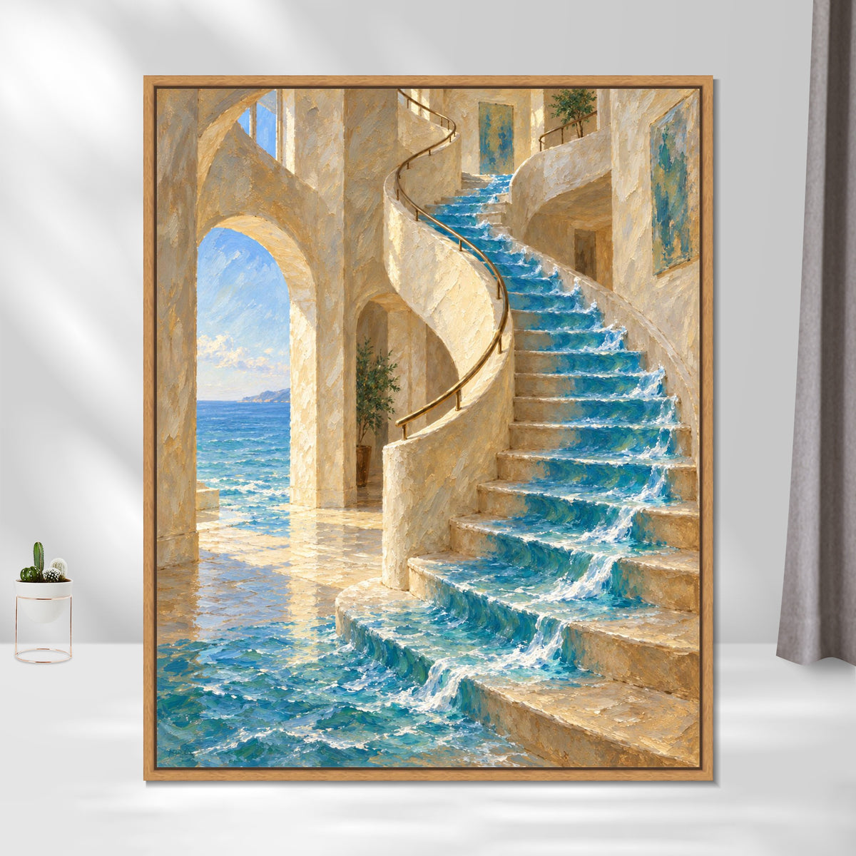 INVIN ART Framed Canvas 100% Handpainted Oil Painting The Sea on the Staircase Wall Art