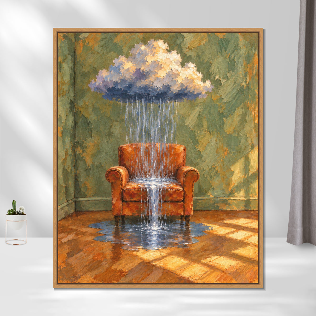 INVIN ART Framed Canvas 100% Handpainted Oil Painting Armchair Beneath a Rain Cloud Wall Art