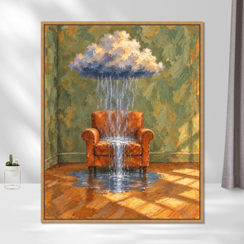 INVIN ART Framed Canvas 100% Handpainted Oil Painting Armchair Beneath a Rain Cloud Wall Art