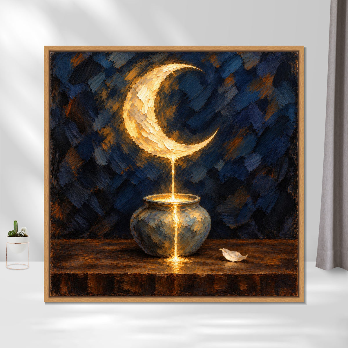 INVIN ART Framed Canvas 100% Handpainted Oil Painting Moonlight into the Vessel Wall Art