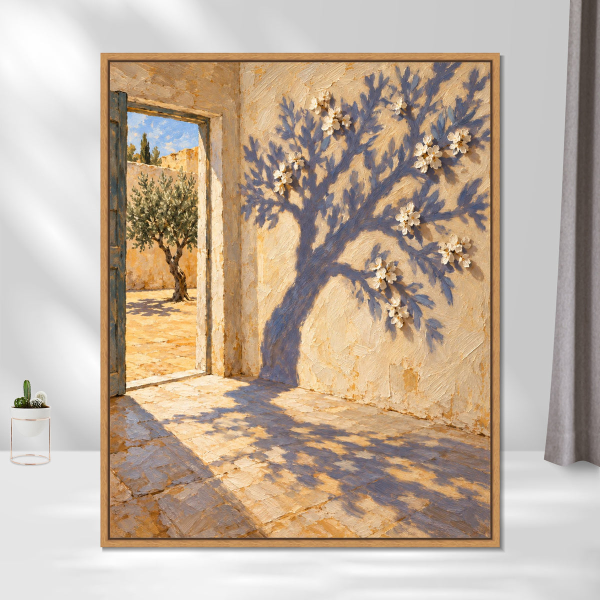 INVIN ART Framed Canvas 100% Handpainted Oil Painting A Flowering Shadow by the Door Wall Art