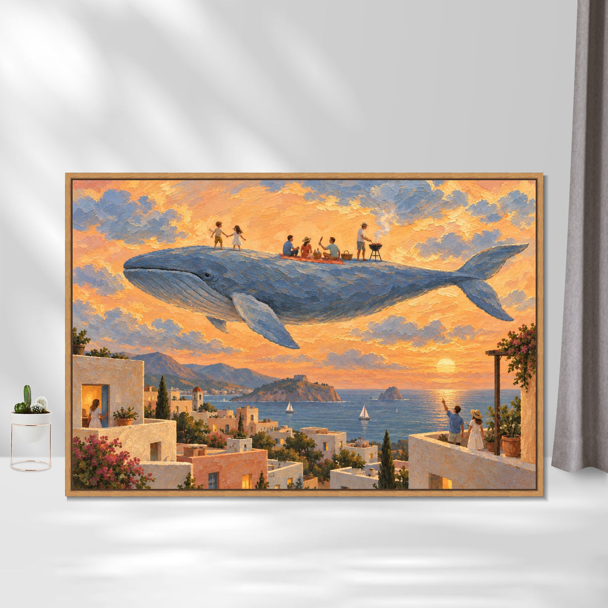 INVIN ART Framed Canvas 100% Handpainted Oil Painting Gathering on the Flying Whale Wall Art