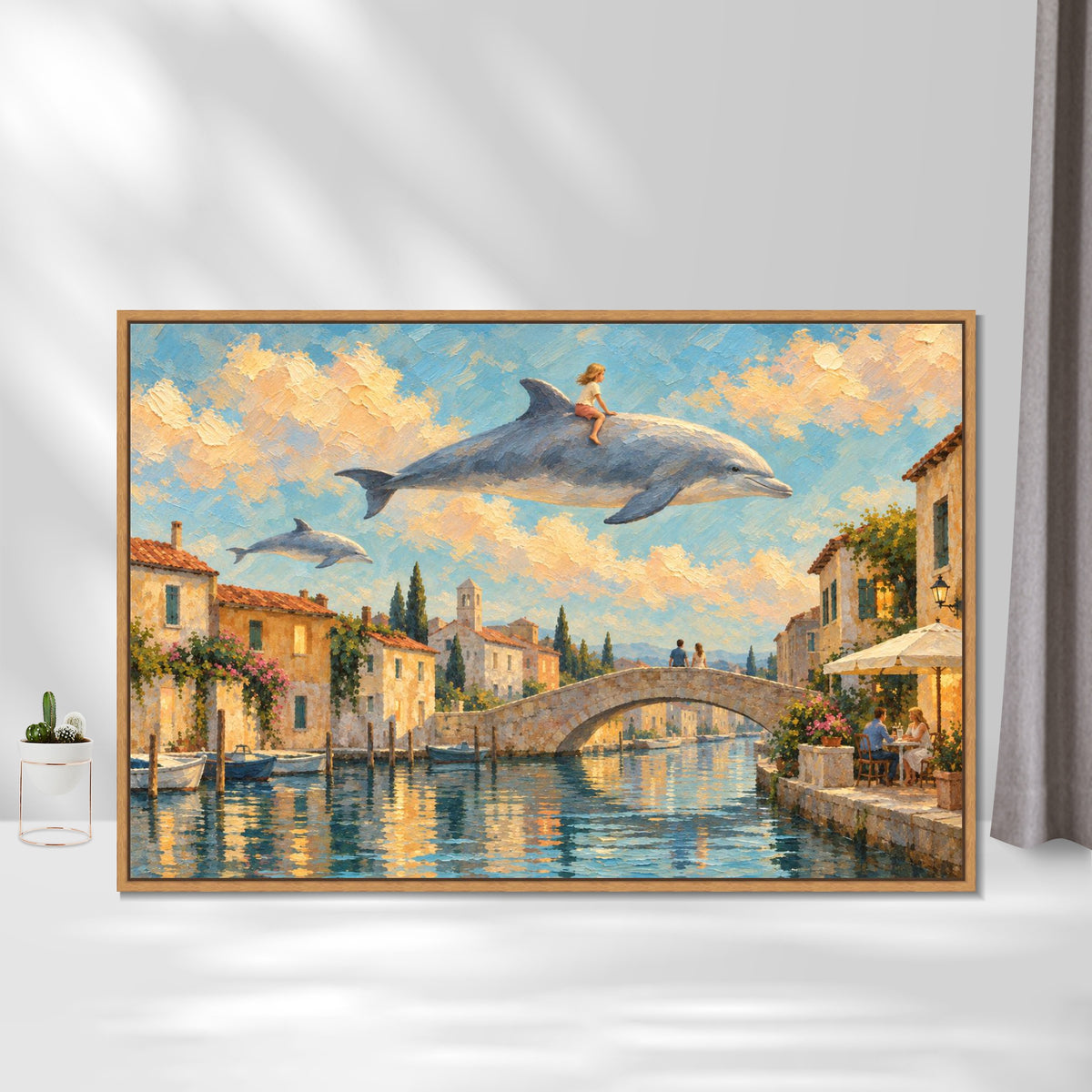 INVIN ART Framed Canvas 100% Handpainted Oil Painting Sky Dolphins Above the Canal Wall Art