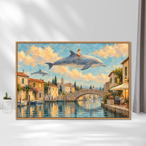INVIN ART Framed Canvas 100% Handpainted Oil Painting Sky Dolphins Above the Canal Wall Art