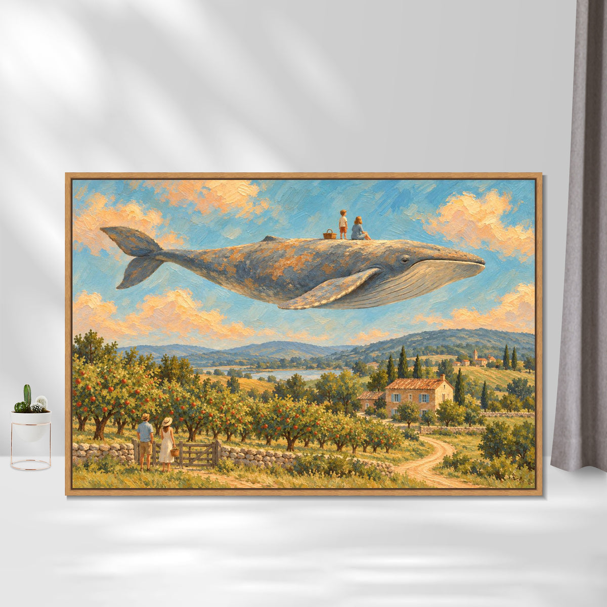 INVIN ART Framed Canvas 100% Handpainted Oil Painting Whale Above the Orchard Wall Art
