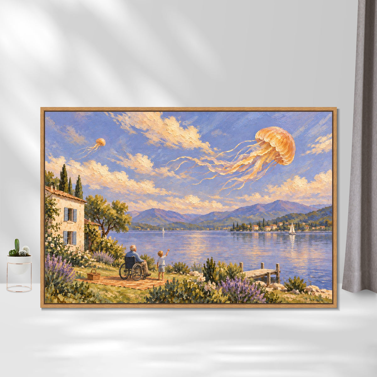 INVIN ART Framed Canvas 100% Handpainted Oil Painting Jellyfish Above the Lakeside Wall Art