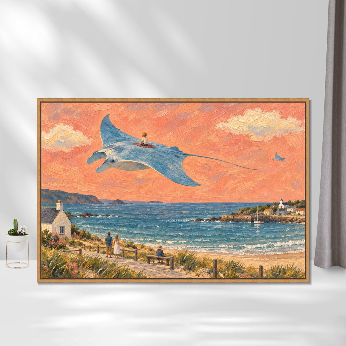 INVIN ART Framed Canvas 100% Handpainted Oil Painting Manta Ray Above the Bay Wall Art