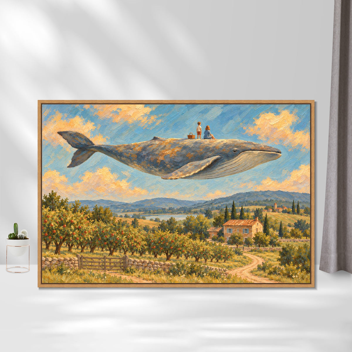 INVIN ART Framed Canvas 100% Handpainted Oil Painting Whale Above the Orchard Picnic Wall Art