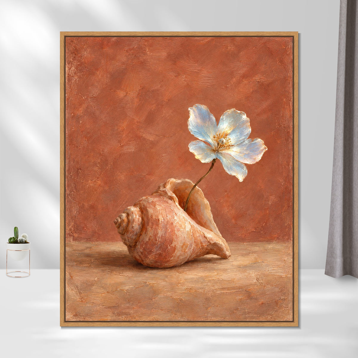 INVIN ART Framed Canvas 100% Handpainted Oil Painting A White Flower in a Shell Wall Art
