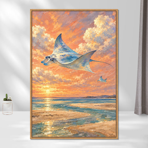 INVIN ART Framed Canvas 100% Handpainted Oil Painting Manta Rays in the Sunset Sky Wall Art