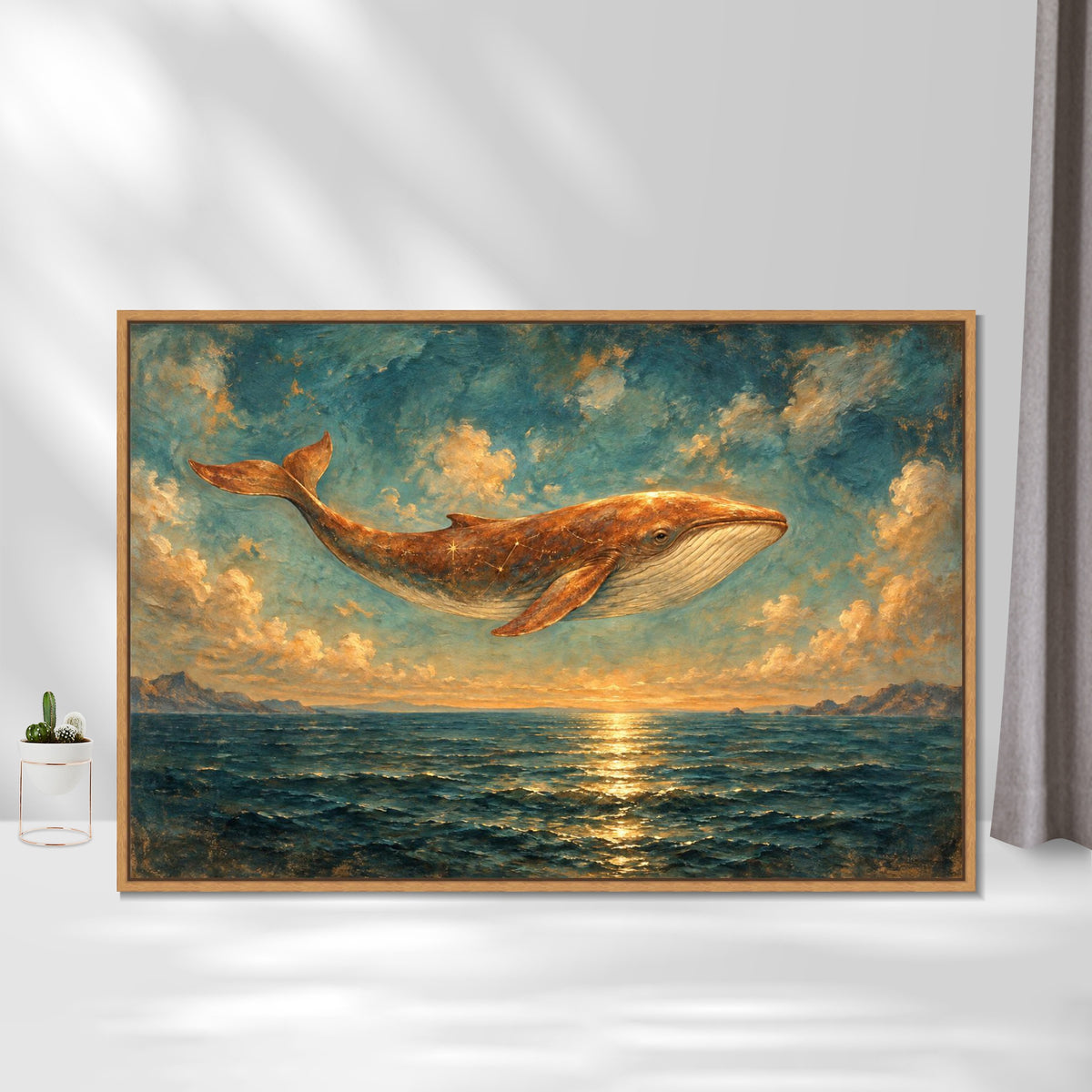 INVIN ART Framed Canvas 100% Handpainted Oil Painting Copper Whale Above the Sea Wall Art