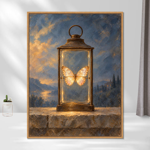 INVIN ART Framed Canvas 100% Handpainted Oil Painting Golden Butterfly in the Lantern Wall Art