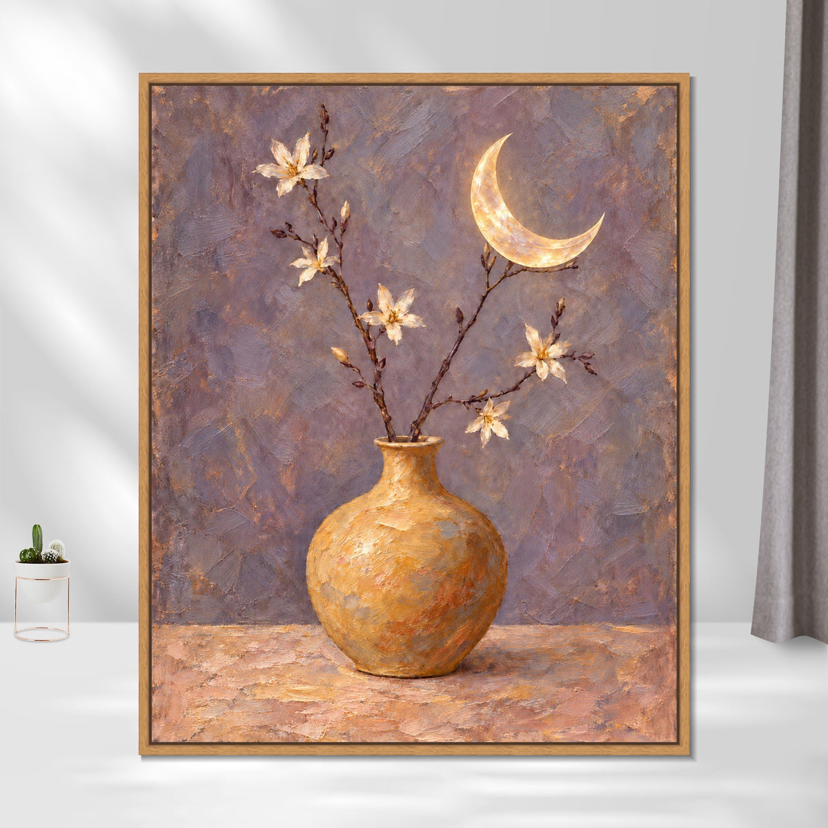 INVIN ART Framed Canvas 100% Handpainted Oil Painting Golden Moon and Flower Vase Wall Art