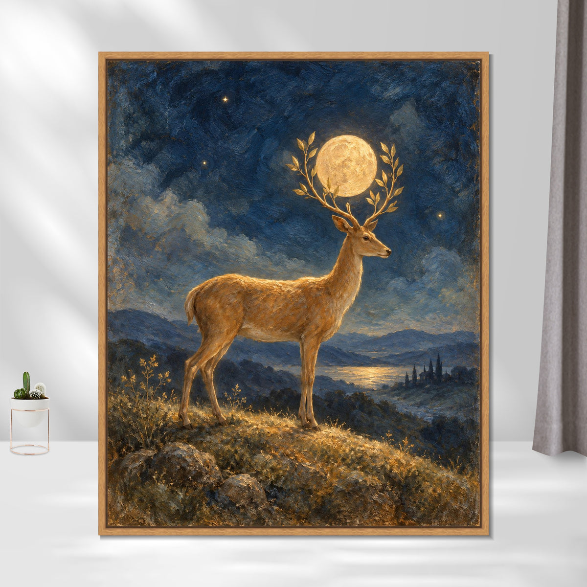 INVIN ART Framed Canvas 100% Handpainted Oil Painting Golden Deer Holding the Moon Wall Art