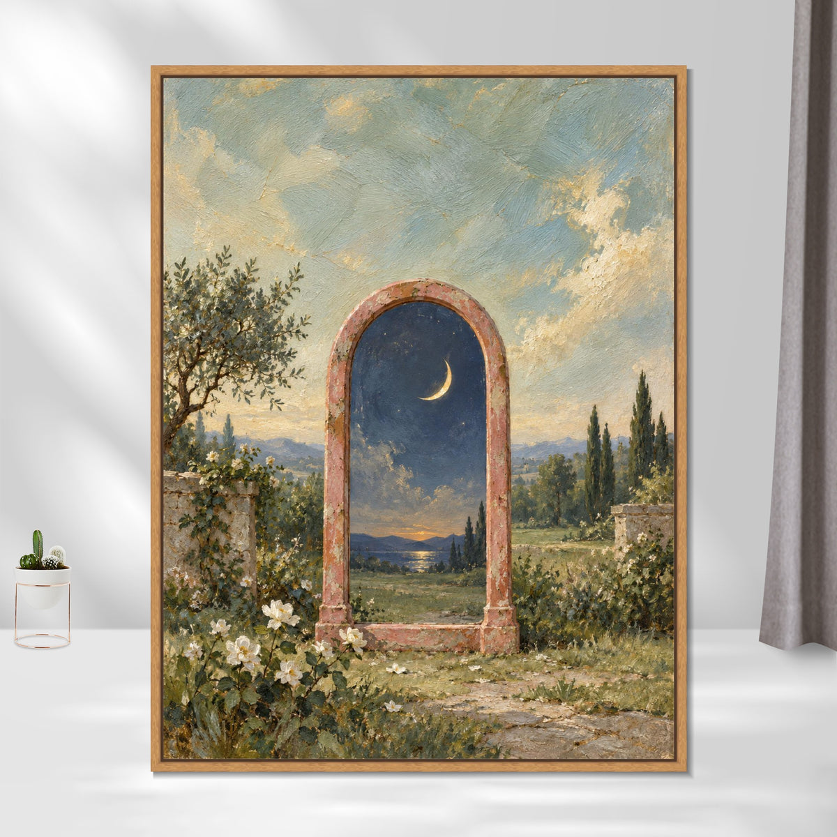 INVIN ART Framed Canvas 100% Handpainted Oil Painting Moonlit Mirror in the Garden Wall Art