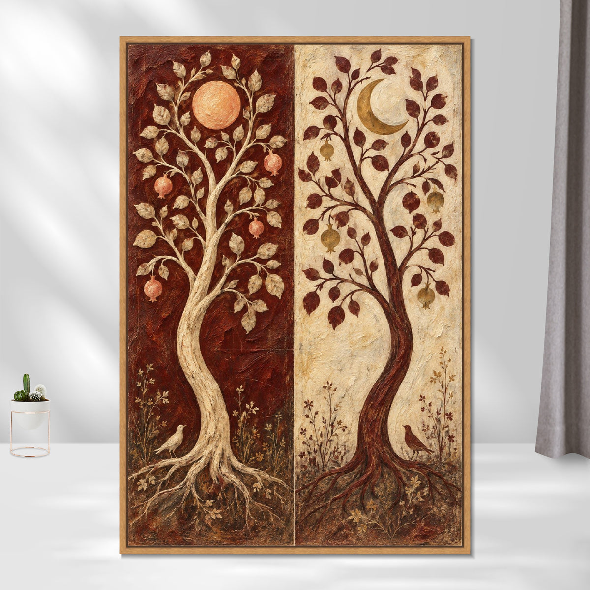 INVIN ART Framed Canvas 100% Handpainted Oil Painting Twin Trees in Burgundy and Ivory Wall Art