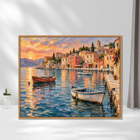 INVIN ART Framed Canvas 100% Handpainted Oil Painting Boats in the Evening Harbor Wall Art