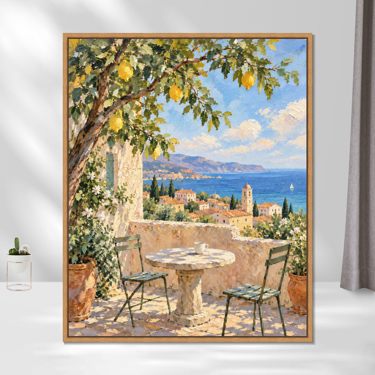 INVIN ART Framed Canvas 100% Handpainted Oil Painting Sea View Beneath the Lemon Tree Wall Art