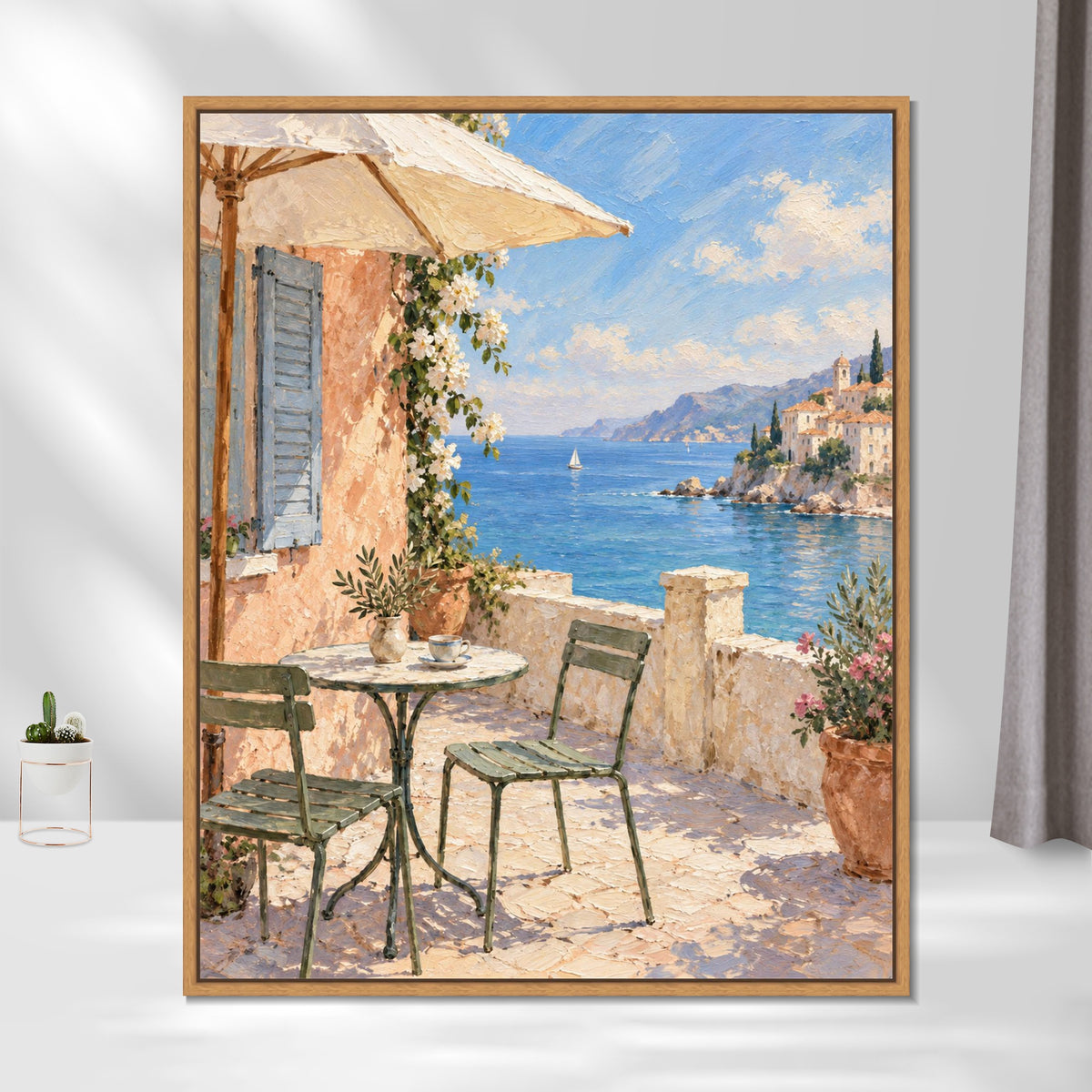 INVIN ART Framed Canvas 100% Handpainted Oil Painting Afternoon on the Coastal Terrace Wall Art