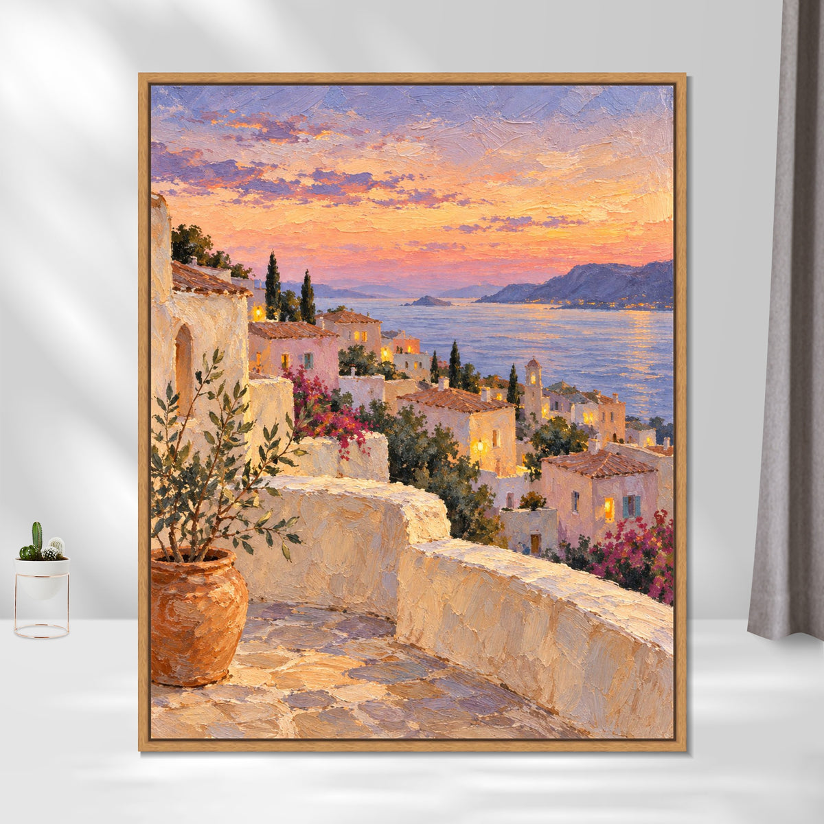INVIN ART Framed Canvas 100% Handpainted Oil Painting Terraced Town at Sunset Wall Art