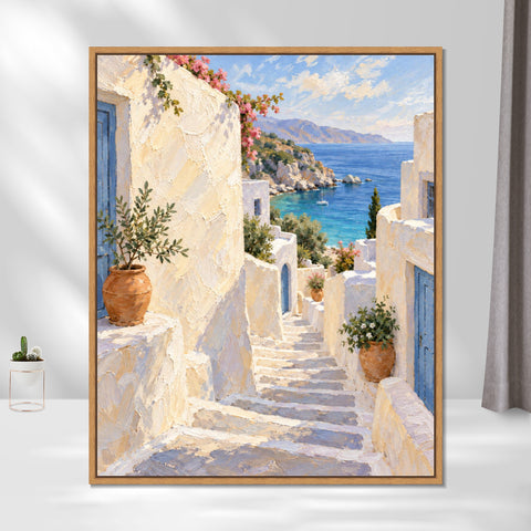INVIN ART Framed Canvas 100% Handpainted Oil Painting White Steps to the Blue Sea Wall Art