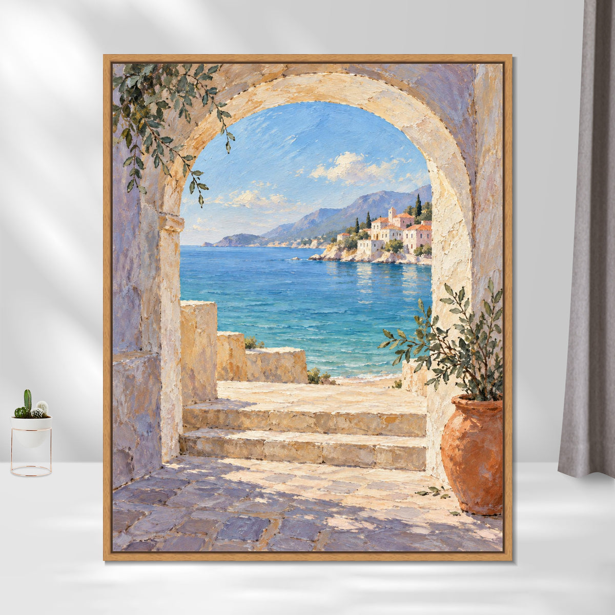INVIN ART Framed Canvas 100% Handpainted Oil Painting Blue Sea Through the Stone Arch Wall Art