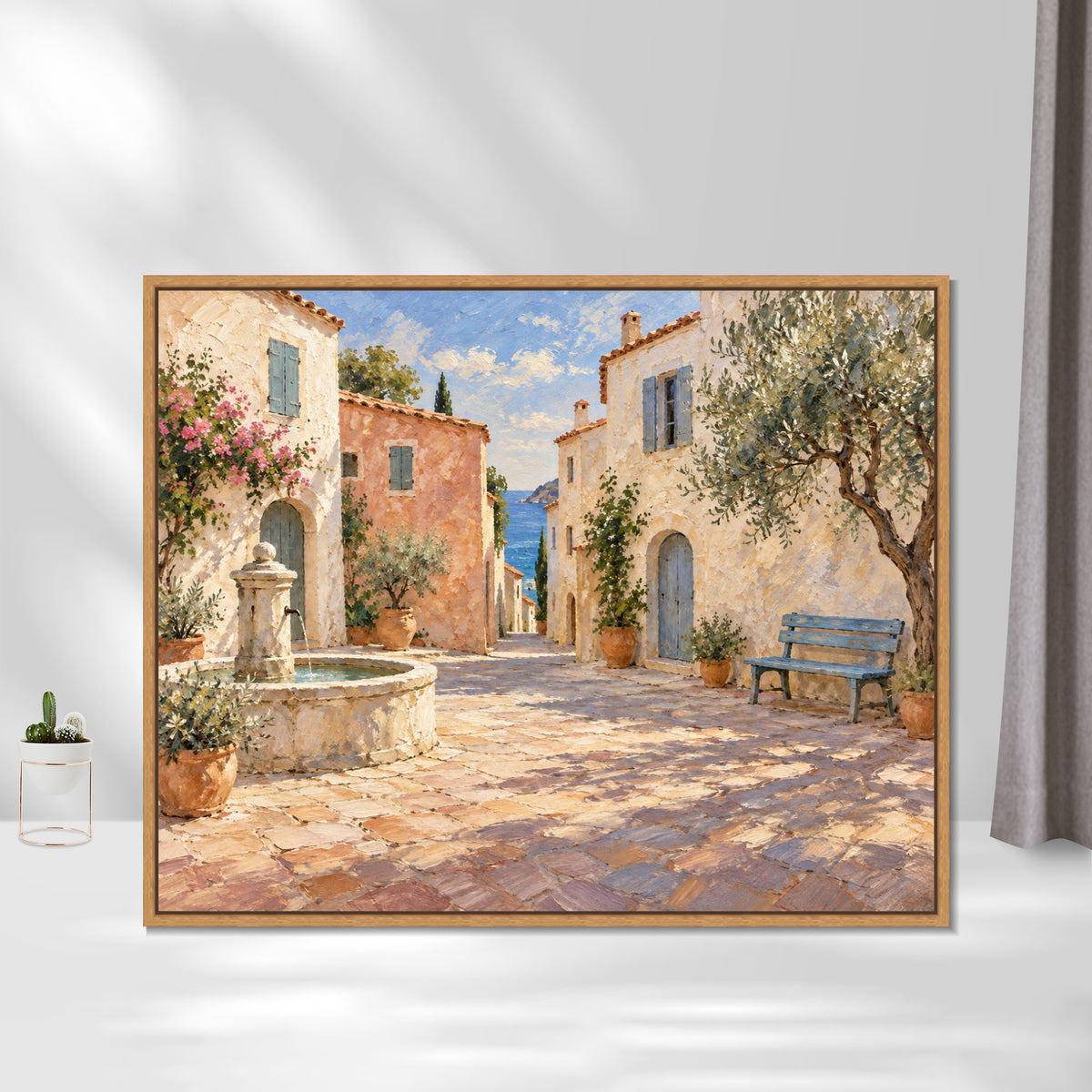 INVIN ART Framed Canvas 100% Handpainted Oil Painting Sunny Lane by the Fountain Wall Art