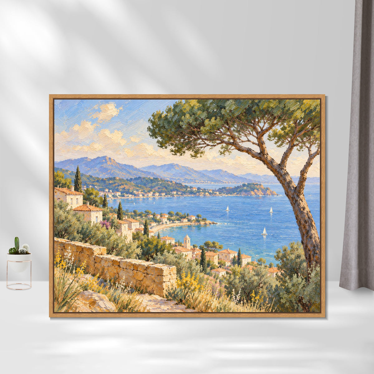 INVIN ART Framed Canvas 100% Handpainted Oil Painting Bay View Beneath the Pine Wall Art